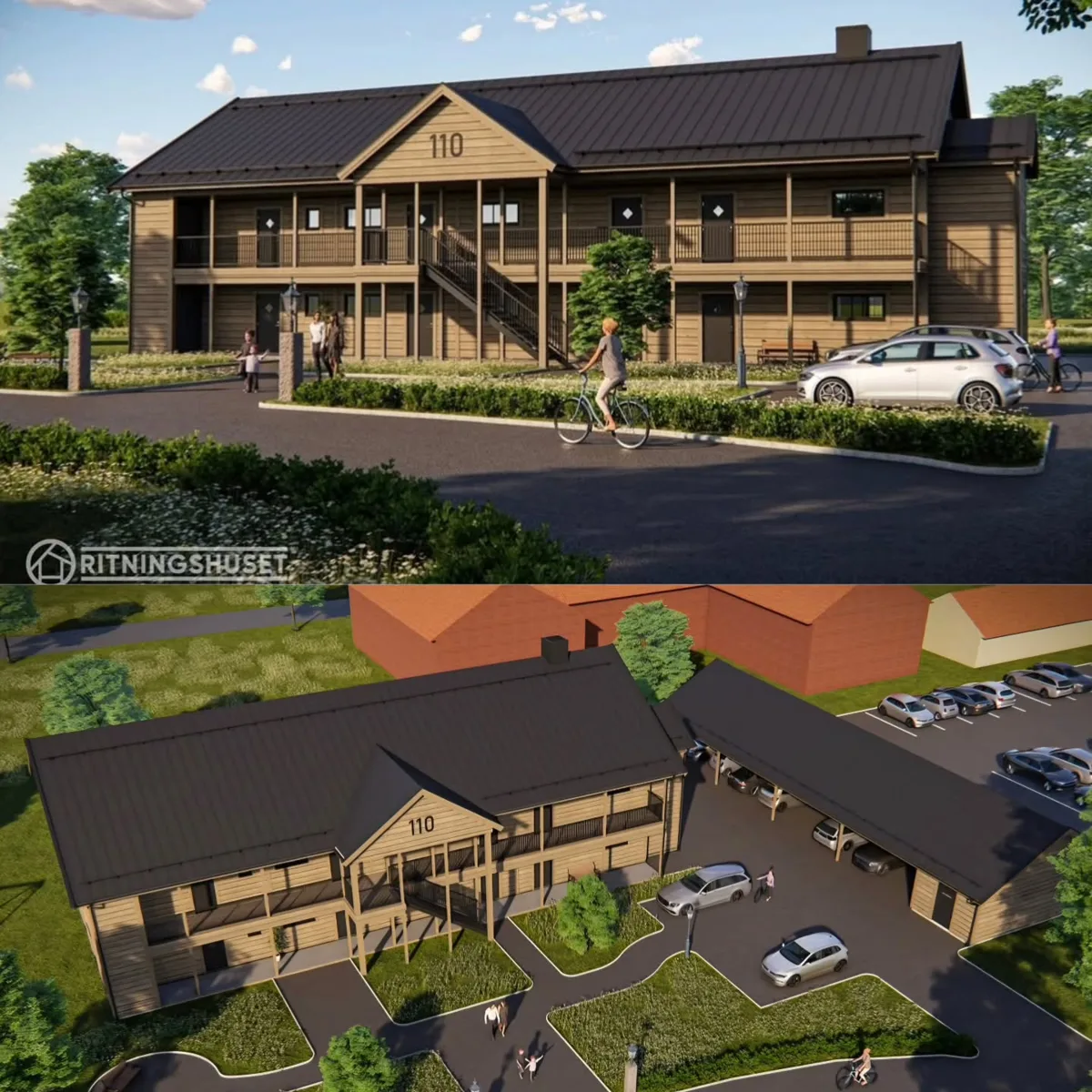 Illustration av tvåvåningshus i trä med loftgångar, svart plåttak, nummer 110 på gaveln och carport vid parkering