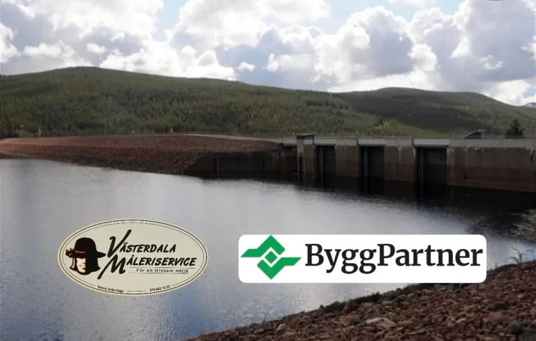 Damm och sjö framför skogsklädda berg med logotyperna för Västerdala Måleriservice och ByggPartner