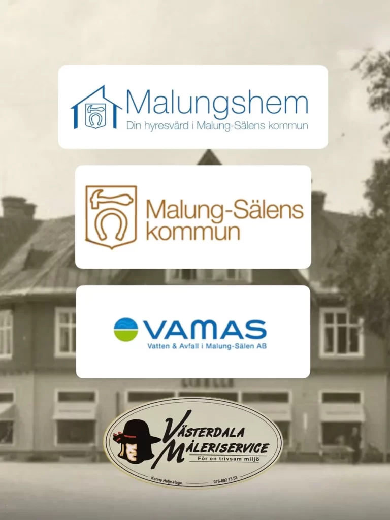 Logotyper för Malungshem, Malung-Sälens kommun, VAMAS och Västerdala Måleriservice över ett äldre svartvitt husfoto